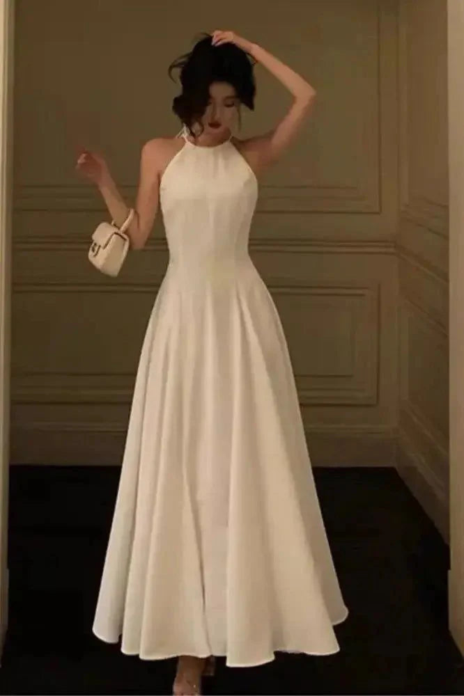 TingPo Wholesale Pretty A Line Halter White Chiffon Prom Dresses Party Night Dress